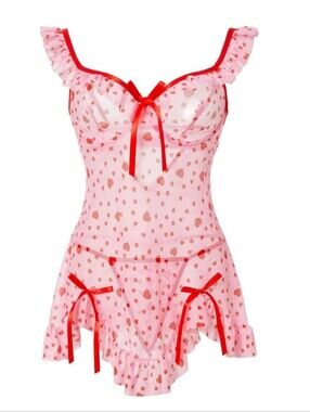 Sheer Pink & Red Heart-Print Mesh Chemise with Bow Details